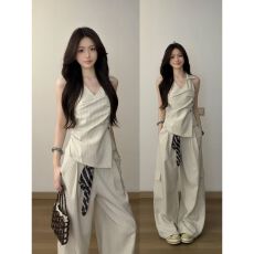 批发韩系高级感<b class='q'>运动</b>服套装女夏季<b class='q'>时尚</b>洋气无袖上衣阔腿裤休闲两件套潮