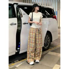 批发美式炸街休闲<b class='q'>运动</b>套装女夏季纯色短袖T恤星星格纹阔腿长裤两件套