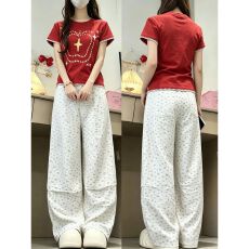 批发美式炸街<b class='q'>运动</b>套装女夏季学生宽松显瘦短袖碎花阔腿长裤休闲两件套