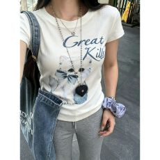批发韩系休闲<b class='q'>运动服</b>套装女夏季猫咪修身正肩短袖T恤微喇叭长裤两件套