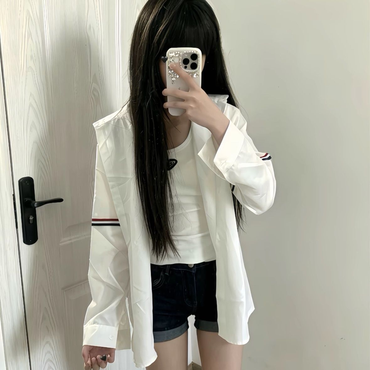 여성 셔츠 인터넷 유명인 삼색 스트라이프 완장 디자인 셔츠 여성