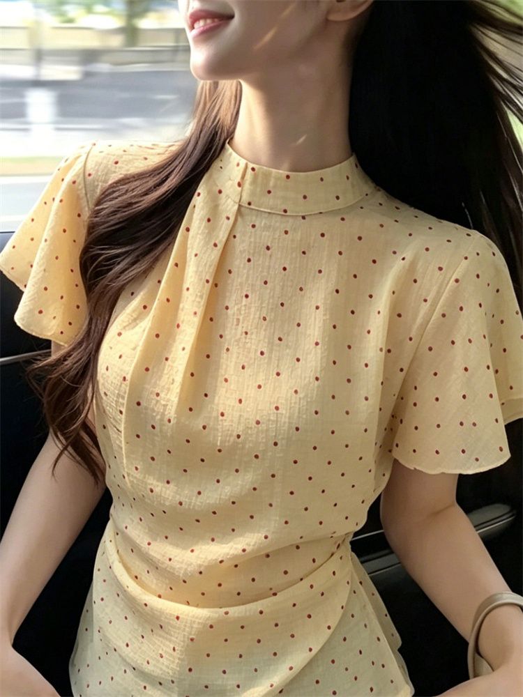 원본 풍부한 주름 황색 도트 무늬 반팔 여성 셔츠 여름 고유 한 아름다운 몸매 가꾸기 셔츠 스트랩 허리 수축 맨위