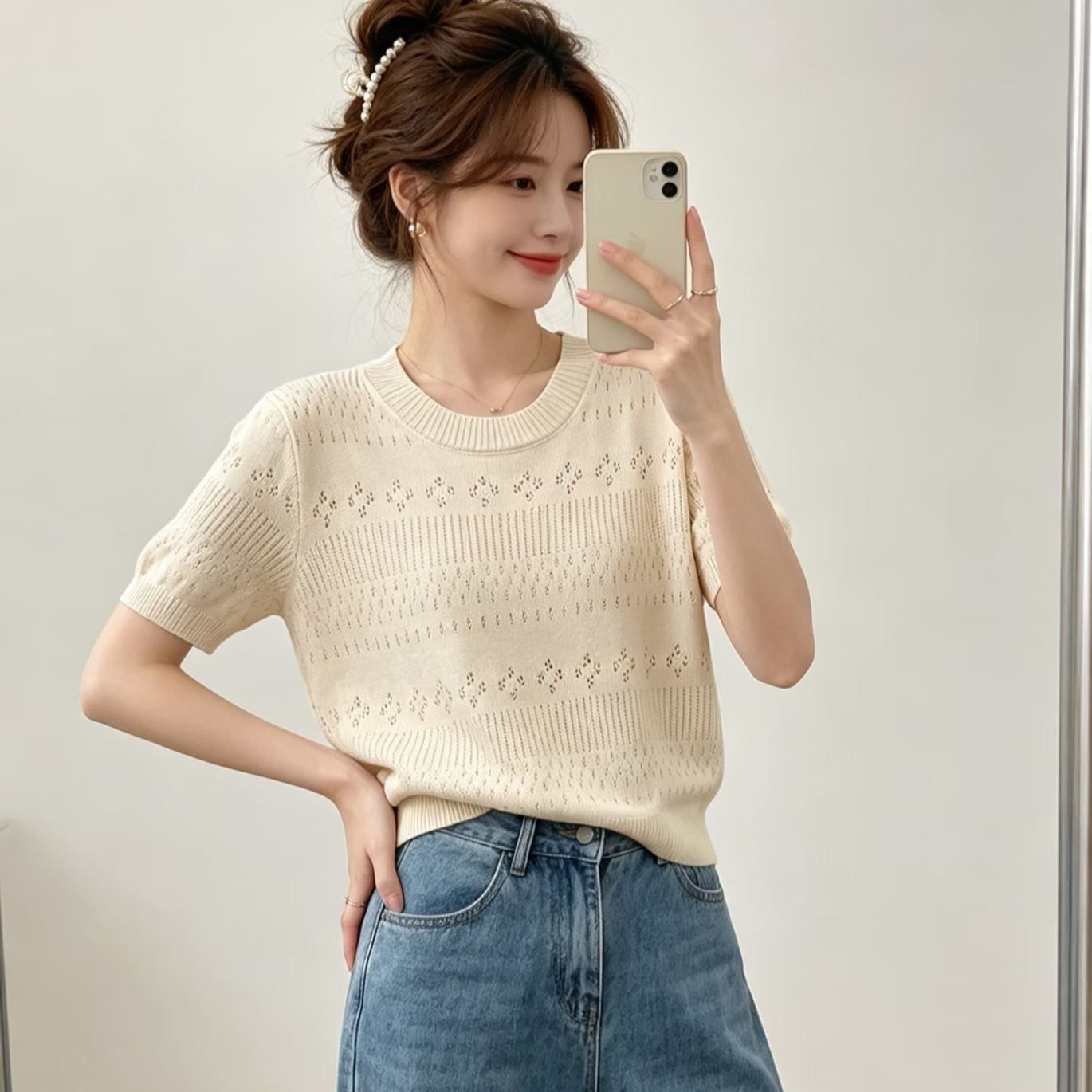 2026 한 부서 품격 라운드 넥 홀로우 아웃 니트 다용도 풀오버 반팔