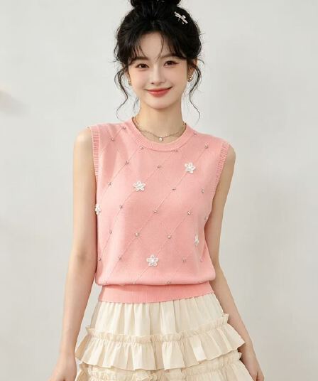 2026 년 여름 프랑스식 부드러운 바람 꽃 비즈 박기 장식 민소매 니트 풀오버 조끼