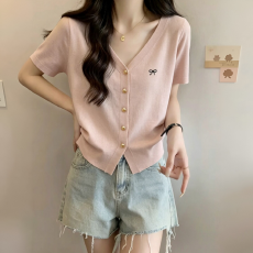 批发简约风V领不规则掐腰蝴蝶结刺绣<b class='q'>开衫</b>上衣女夏季<b class='q'>韩版</b>减龄百搭短袖t