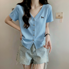 批发简约风V领不规则掐腰小马刺绣<b class='q'>开衫</b>上衣女夏季<b class='q'>韩版</b>减龄百搭短袖t恤