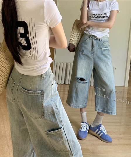 찢어진 부분 디자인 센스 데님 반바지 여름 핫걸 아메리칸 캐주얼 하이웨이스트 다용도 루즈핏 넓은 다리 7부 바지