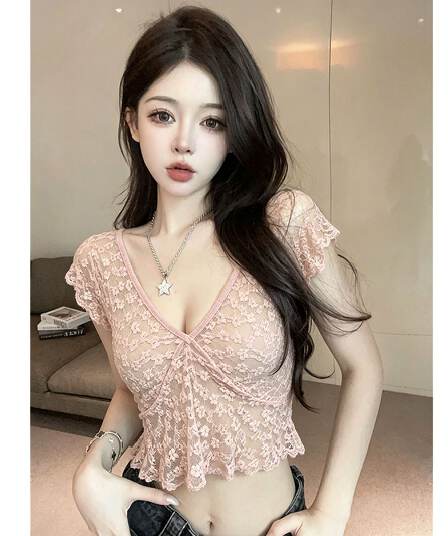 순수한 욕망 바람 섹시함 시스루 깊은 v 레이스 셔츠 여성 의류 여름 프랑스식 꽃무늬 핑크색 핫걸 작은 대중 맨위