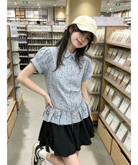 한 부서 색상 도트 무늬 체크무늬 여성 셔츠 거품 소매 프릴 학원 스타일 디자인 센스 작은 대중 맨위 트렌디