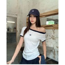 批发【原版做法+面料】夏季斜肩一字领短袖<b class='q'>t</b><b class='q'>恤</b>撞色领<b class='q'>个性</b>简潮风上衣