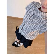 批发【原版蕾丝提花布】不规则格子条纹<b class='q'>衬衫</b>女夏季减龄巨好看上衣