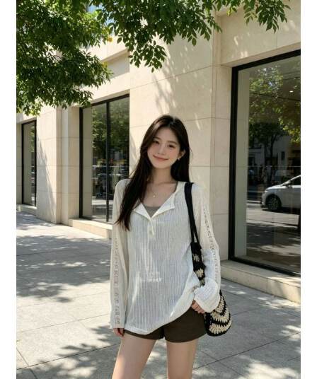여름 새로운 루즈핏 슬림해 보이는 블라우스 다용도 긴팔 티셔츠 여성 한 부서 작은 대중 홀로우 아웃 디자인 센스 맨위