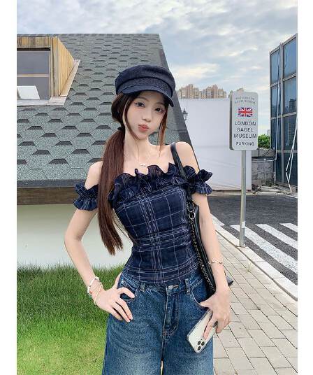 원본 품질 프랑스식 레트로 오프숄더 티셔츠 여성 여름 불규칙 몸매 가꾸기 쇼트 스타일 맨위 오프숄더