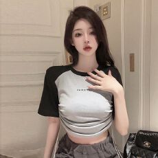 批发抽绳撞色圆领辣妹上衣<b class='q'>个性</b>女装新款打底修身短款短袖<b class='q'>t</b><b class='q'>恤</b>