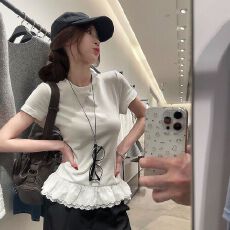 批发【原版蕾丝花边】温柔甜妹风设计感蕾丝拼接短袖<b class='q'>T</b>恤夏修身上衣