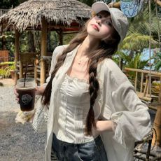 批发老钱风松弛感仿<b class='q'>亚麻</b>白色衬衫上衣女法式极简天丝微透轻薄防晒<b class='q'>外套</b>