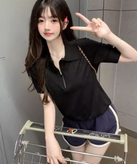 한국 스타일 레트로 고급 센스 외국 가스 미니멀리즘 반팔 polo 폴로 칼라 지퍼 셔츠 얇은 스타일 니트 스웨터 티셔츠 맨위 여성