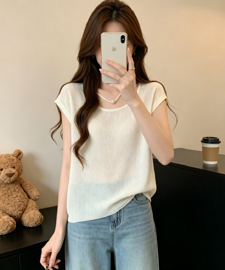 작은 키 디자인 센스 작은 대중 얇은 스타일 맨위 여성 빅 사이즈 통통한 여동생 여름 한 부서 품격 니트 반팔 티셔츠