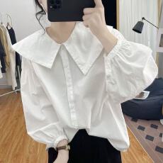 批发【爆品】不规则娃娃领纯棉长袖衬衫女式春秋宽松减龄上衣打底衬衣