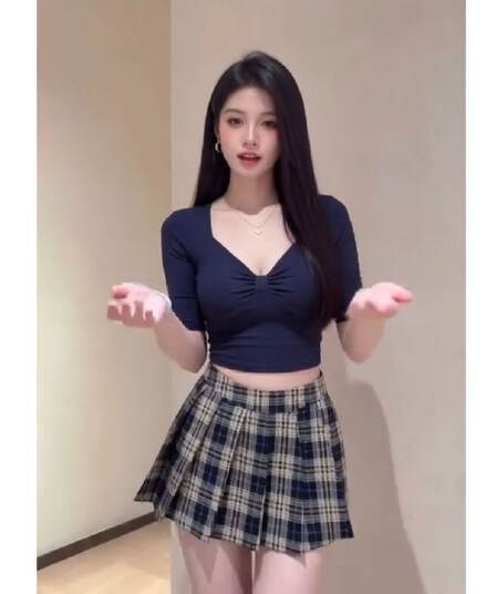 파란색 V넥 나비 매듭 반팔 티셔츠 체크무늬 미니 스커트 세트 여성 여름 작은 키 몸매 가꾸기 학원 스타일