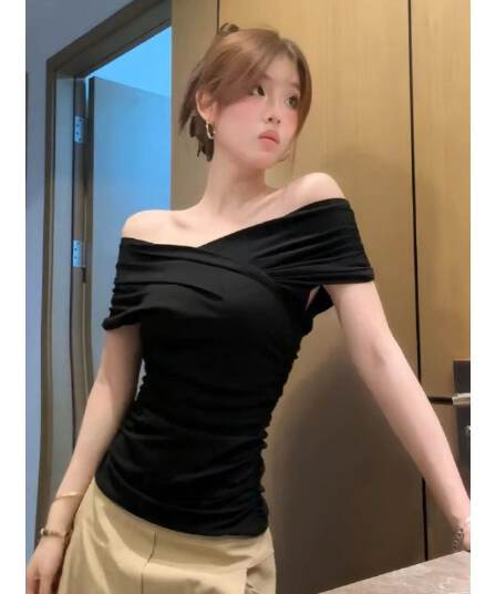 원본 것 핫걸 바람이 아닙니다. 규칙 주름 보트넥 맨위 여성 여름 허리 수축 슬림해 보이는 오프숄더 티셔츠