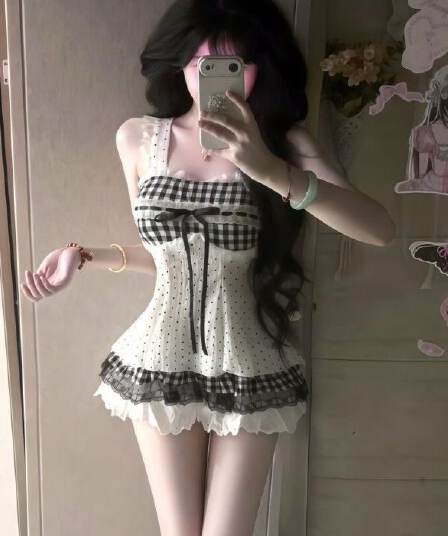 귀여운 달콤함 소녀 센스 자이언트 잘 생긴 세트 여름 레이스 나비 매듭 체크무늬 슬립 맨위 미니 스커트 투피스 세트