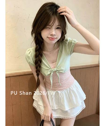 40 리브 순면 핏 스타일 긍정적 인 솜씨 리앙 새로운 여름 페이크 레이어드 달콤함 도트 무늬 맨위 여성