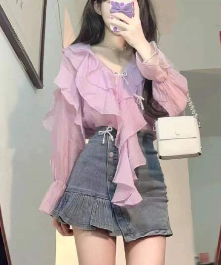 도파민 프랑스식 프릴 보라색 맨위 외출용 코디 품격 슬림해 보이는 품격
