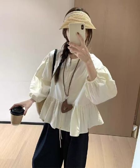 프랑스식 라운드 넥 프릴 태양 보호 셔츠 여성 의류 봄 새로운 다용도 인형 셔츠 셔츠 긴팔 맨위