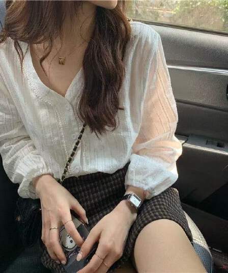한국 chic 활력 전체 이른 가을 달콤함 연령 감소 싱글 줄 버튼 V넥 레이스 측면에 의류 다용도 긴팔 셔츠
