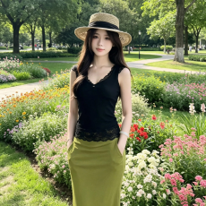 批发夏季女士黑色蕾丝边V领背心半身裙两件套时尚显瘦套装