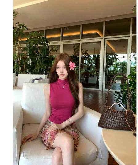 작은 키 휴가 바람 로즈 레드 반하이넥 민소매 조끼 맨위 레오파드 무늬 반신 스커트 여성 여름 투피스 세트