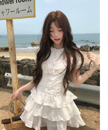 한 부서 학원 스타일 거품 소매 화이트 셔츠 여성 드레스 여름 핫걸 착용 가져 가라. 한 마디 쇼트 스타일 케이크 치마