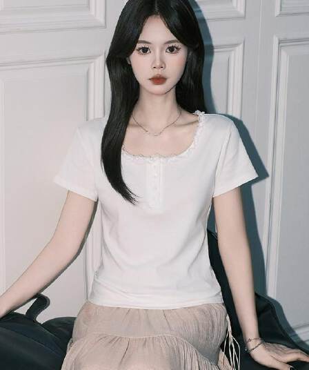 40 순면 레이스 조각 반팔 티셔츠 여성 여름 2026 새로운 ins 한 부서