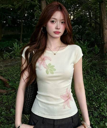 260 그램 모달 아메리칸 핫걸 반팔 티셔츠 여성 여름 꽃 프린트 디자인 센스 몸매 가꾸기 슬림해 보이는 라운드 넥 맨위