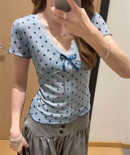 이중층 메시 원단 식물 플러시 한 부서 도트 무늬 레이스 V넥 반팔 티셔츠 여름 몸매 가꾸기 슬림해 보이는 나비 매듭 맨위
