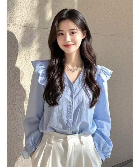 올해 인기 아름다운 작은 셔츠 빛 럭셔리 고급 프랑스식 작은 대중 아름다운 파란색 맨위 긴팔 셔츠 새로운 이른 가을