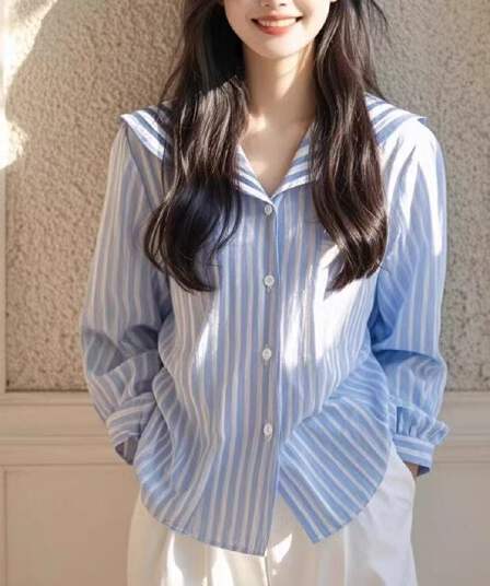 프랑스식 파란색 스트라이프 해군 칼라 고급 긴팔 셔츠 도파민 고급 센스 품격 작은 맨위 여성 의류 이른 가을