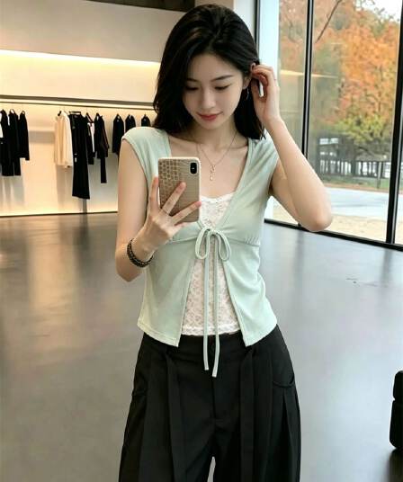 260 그램 모달 한 부서 레이스 레이스 페이크 레이어드 패치워크 반팔 티셔츠 여성 여름 레이스업 몸매 가꾸기 핫걸 맨위