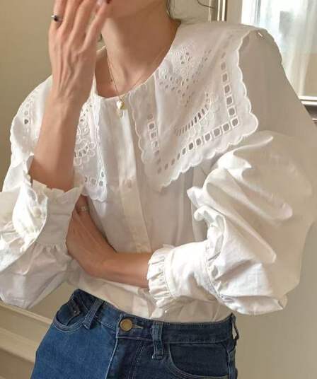 한국 chic 프랑스식 홀로우 아웃 자수 셔츠 폴로 칼라 단일 행 패션 연령 감소 화이트 여성 셔츠 인사이드 맨위 한 부서