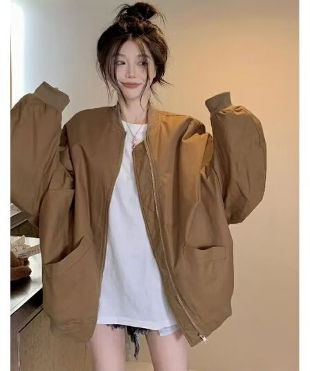 브라운 스탠드 칼라 야구 유니폼 여성 코트 가을 겨울 2025 새로운 아메리칸 레트로 루즈핏 파일럿 재킷 맨위