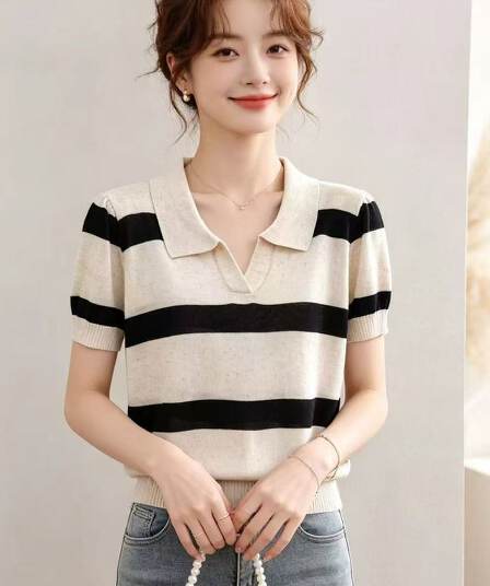 2026 한 한 부서 품격 POLO 칼라 배색 스트라이프 부드러운 찹쌀 니트 풀오버 반팔