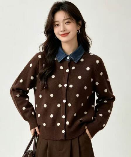 2026 년 가을 새로운 프랑스식 POLO 칼라 데님 패치워크 도트 무늬 페이크 레이어드 긴팔 스웨터 코트 다용도