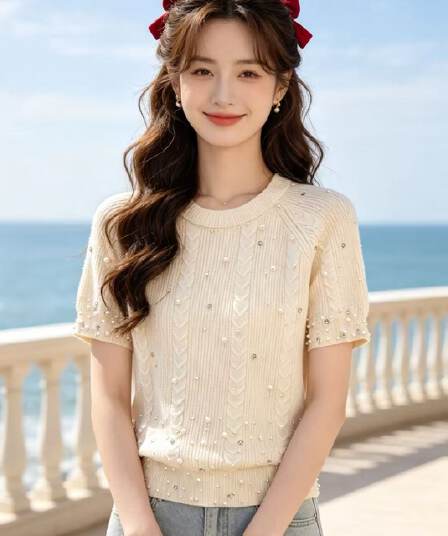 2026 년 여름 새로운 한국 스타일 패션 배색 라운드 넥 꽈배기 니트 비즈 박기 디자인 다용도 풀오버 반팔