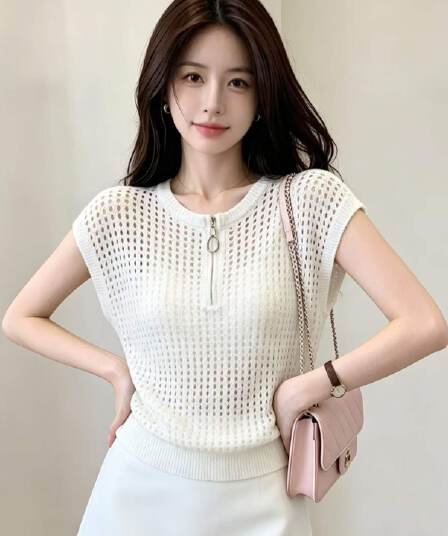 2026 패션 라운드 넥 지퍼 하프 열린 가슴 홀로우 아웃 니트 풀오버 반팔