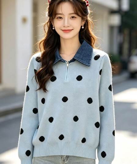 2026 패션 데님 칼라 지퍼 하프 열린 가슴 도트 무늬 자카드 풀오버 긴팔