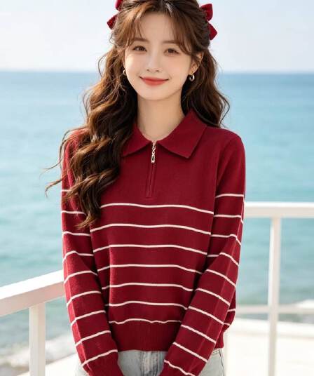 2026 학원 스타일 폴로 칼라 지퍼 하프 열린 가슴 배색 스트라이프 풀오버 긴팔