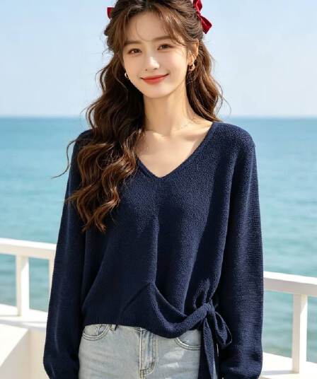 2026 패션 V넥 Chic 밑단 벨트 슬림해 보이는 풀오버 긴팔