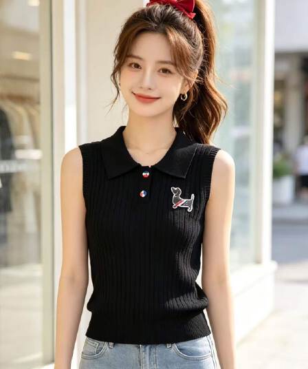 2026 한 부서 폴로 칼라 강아지 자수 꽈배기 니트 하프 열린 가슴 풀오버 조끼