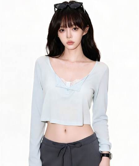 원본 라이 경기 서울 박하 녹색 헨리 칼라 긴팔 티셔츠 여성 여름 디자인 센스 몸매 가꾸기 슬림해 보이는 쇼트 스타일 자외선 차단 맨위